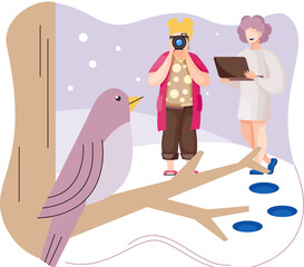 Woman photographer taking photo of bird. Group of ecologists conduct research on flora and fauna study surrounding nature. Female character holding camera and making picture, doing photo with laptop