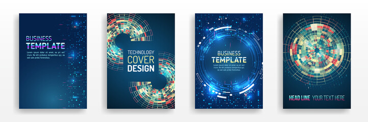 Modern cover design using tech elements and data visualization. Futuristic layout for presentation, poster, leaflet, annual report, a4 size. Abstract vector template in hi-tech style.