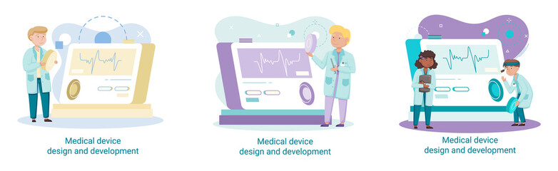 Medical device design and development metaphor with scientist develop research appliance, equipment and experiment. Laboratory diagnostic service chemistry clinic laboratories, pharmaceutical research