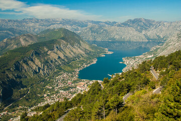 Naklejka na ściany i meble Montenegro - Kotor - Aerial view of Adriatic sea Kotor bay (Boka Kotorska), Kotor old city and surrounding mountains