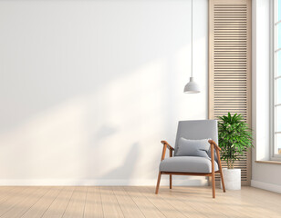 Empty room in minimalist style with armchair and white wall. wooden floor and indoor green plant. 3d rendering