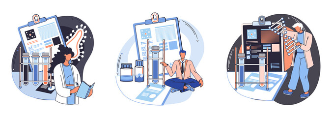 Medical research. Laboratory diagnostic services, medical device design development scenes metaphor. Scientists in hemistry clinic laboratories, microbiology pharmaceutical research. Vaccine discovery