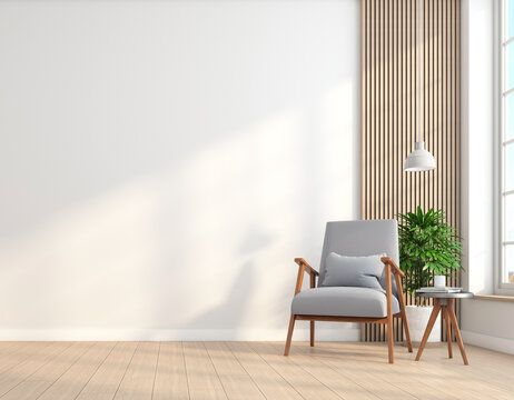 Empty room in minimalist style with armchair and white wall. wooden floor and indoor green plant. 3d rendering
