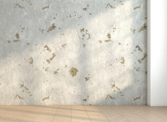Minimalist loft empty room with weathered cement wall and wooden floor. 3d rendering
