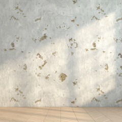 Minimalist loft empty room with weathered cement wall and wooden floor. 3d rendering