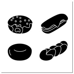 Homemade donuts glyph icons set. Yeast and twist doughnut, long and filled donut. Concept of fresh and tasty bakery and pastry recipe.Filled flat signs. Isolated silhouette vector illustrations