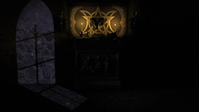 Moonlit 3D CGI reveal shot of a dark chapel scene with a Satanic Pagan style ancient stone altar, grimoire, bleeding bowl, mystical objects and a firey pentacle magically appearing on the stone floor