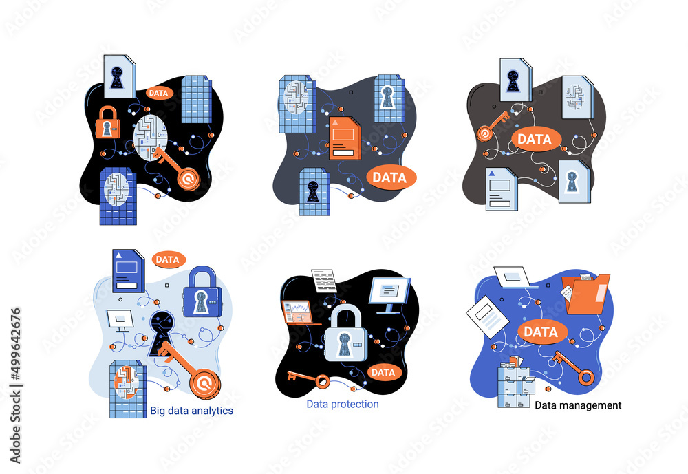 Aufkleber big data analytics platform, data management and protection creative metaphor set abstract concept. 
