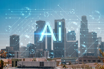 Los Angeles panorama skyline of downtown at day time, California, USA. Skyscrapers of LA city. Hologram of Artificial Intelligence concept. AI and business, machine learning, neural network, robotics