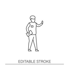  Work line icon. Man waving to people. Promoting products. Businessman.Modern profession. Career concept. Isolated vector illustration. Editable stroke