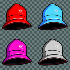 4 color vector Bucket hats that can be edited within Illustrator and great to use for any character design. Just replace the fake logo with your own and you can have a nice pre-made Bucket hat. 