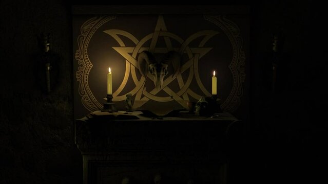 Dramatic dolly shot 3D render of a dark candle-lit chapel scene with a Satanic Pagan style ancient stone altar, with grimoire, bleeding bowl, mystical objects and a ram's skull mounted on a pentacle