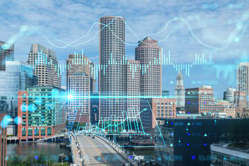 Panorama city view of Boston Harbor at day time, Massachusetts. Building exteriors of financial downtown. Glowing FOREX graph hologram. The concept of international trading and fundamental analysis