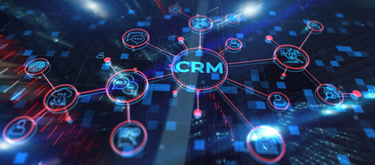 CRM. Customer Relationship Management on modern city background
