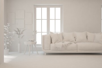 Mock up of stylish room in white color with sofa. Scandinavian interior design. 3D illustration