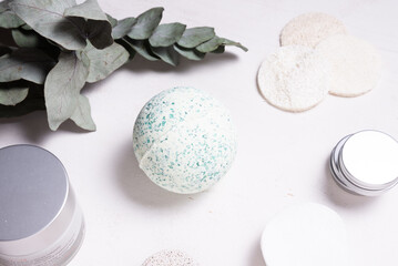 Hand made bath sea salt ball bomb on wooden table