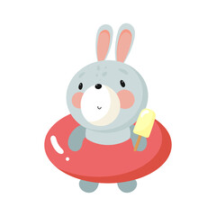 Cute Rabbit with Rubber Swimming Ring and Ice Cream. Vector illustration in cartoon style.	