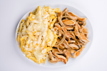 Fries with mozzarella on top and Chicken Breast with onion on top. Portion.