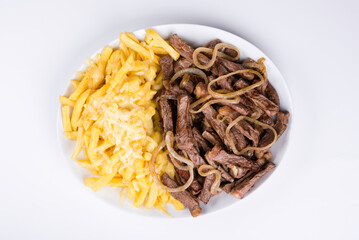 Fries with mozzarella on top and Filet mignon with onion on top. Portion.