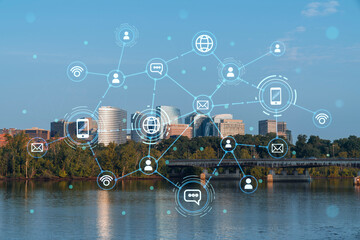 Panoramic view, Washington towards Arlington financial downtown, city skyline over Potomac River. Virginia, USA. Social media hologram. Concept of networking and establishing new people connections