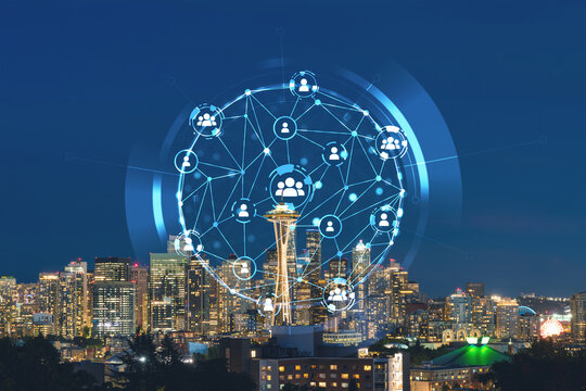 Seattle skyline panorama from Kerry Park. Skyscrapers of financial downtown at night, Washington, USA. Social media hologram. Concept of networking and establishing new people connections