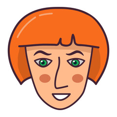 Doodle sketch cute girl smiling face.Hand-drawn line female.woman red hair.Isolated on white background. Outline vector illustration.