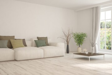 White living room with sofa and summer landscape in window. Scandinavian interior design. 3D illustration