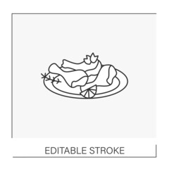  Tandoori chicken line icon. Traditional Indian chicken in spices. Fried poultry dish recipe. Served drumsticks with sauce. National dishes concept. Isolated vector illustration. Editable stroke