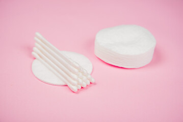 Ear sticks and cotton pads. Micellar water facial cleansing