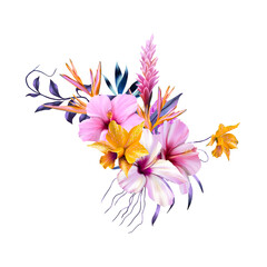 Fototapeta premium Pink Hibiscus Flowers, Yellow Orchids, Bouquets DIY Wedding Invitations