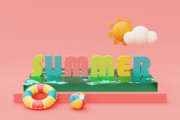 Fototapeta na wymiar Summer swimming pool with colorful summer beach elements,3d rendering.