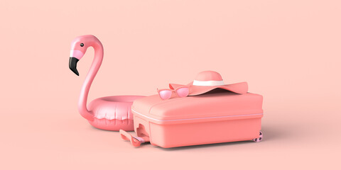 Summer vacation concept with suitcase, flamingo float, hat and sunglasses. Copy space. 3D illustration. © Rodrigo