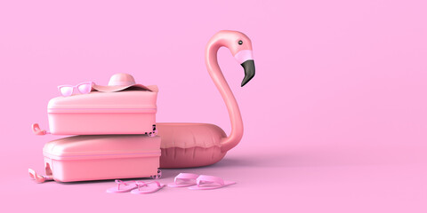 Summer vacation concept with suitcase, flamingo float, flip flops and sunglasses. Copy space. 3D illustration. © Rodrigo