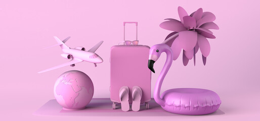 Summer vacation concept with swan float, flip flops, suitcase and airplane. Copy space. 3D illustration.