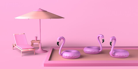 Summer vacation concept with umbrella, sun lounger and pool with flamingo floats. Copy space. 3D illustration.