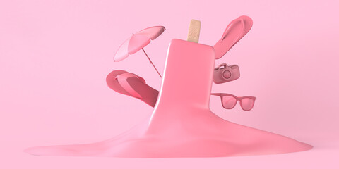 Summer vacation concept with melted strawberry ice cream with flip flops, umbrella and sunglasses. Copy space. 3D illustration.