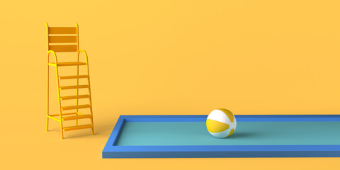 Swimming pool lifeguard chair with beach ball. Copy space. 3D illustration.