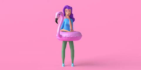 Young woman thinking with flamingo float. Summer concept. Copy space. 3D illustration.