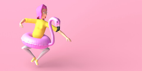 Young woman with flamingo float. Summer concept. Copy space. 3D illustration.