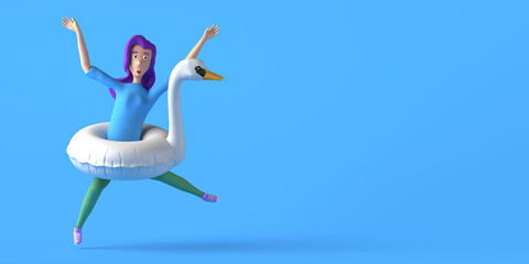 Young woman jumping with flamingo float. Summer concept. Copy space. 3D illustration.