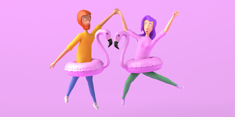 Obraz na płótnie Canvas Young couple high fiving with flamingo floats. Summer concept. Copy space. 3D illustration.