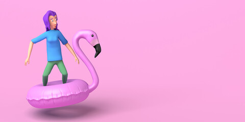 Young woman floating on flamingo float. Summer concept. Copy space. 3D illustration.