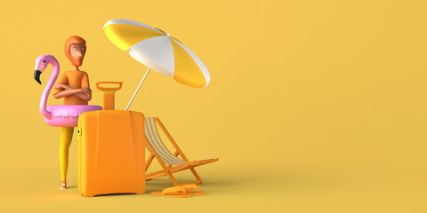Summer concept with suitcase, umbrella, beach chair and man with flamingo float. Copy space. 3D illustration.