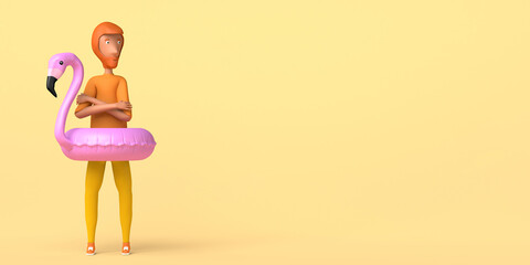 Young man with crossed arms and flamingo float. Copy space. 3D illustration.