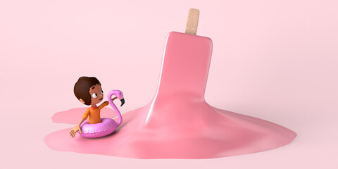 Boy playing with flamingo float in melted strawberry ice cream. Summer concept. Copy space. 3D illustration.