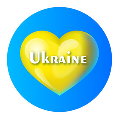 Ukraine yellow heart on blue round background. Stand with Ukraine. Pray for Ukraine. Vector icon illustration in blue yellow ukrainian national colors on white background