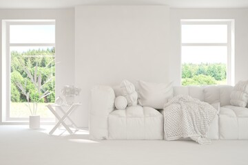 Mock up of stylish room in white color with sofa and green landscape in window. Scandinavian interior design. 3D illustration