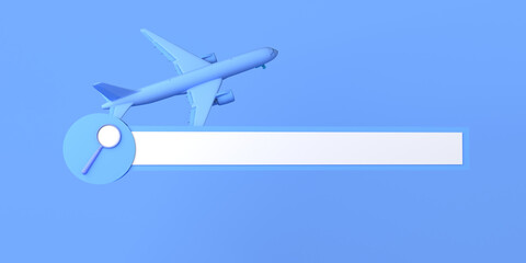 Web search box with airplane. Vacation booking. Copy space. 3D Illustration.