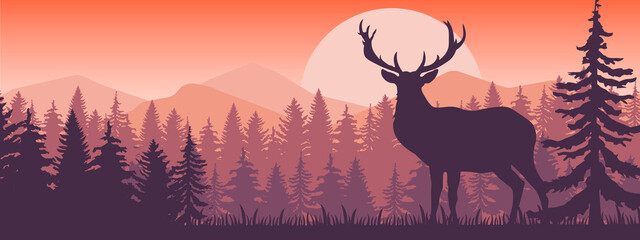 Deer with antlers posing on the top of the hill with mountains and the forest in background. Silhouette with orange and brown background, illustration. EPS