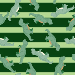 Seamless pattern cute T-Rex dino. Background of funny dinosaurs in doodle style.